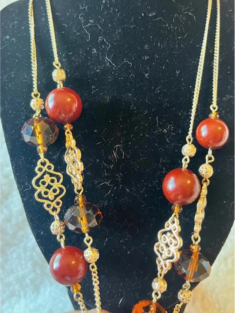 Vintage Style Beaded Long Necklace with Brown and Amber Beads